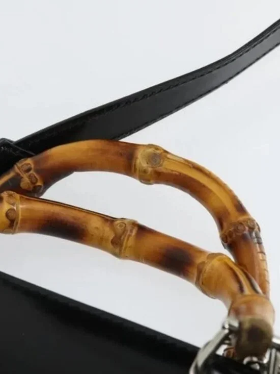 GUCCI Bamboo Hand Bag Patent leather 2 Set Black Auth bs33355 - Picture 6 of 16